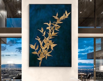 Navy Blue Golden Leaf Abstract Canvas Painting, Blue and Gold Wall Art