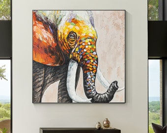 カラフルな象の絵画：キャンバスに描かれたオリジナルのテクスチャ