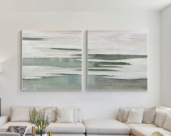 Textured Ocean Painting Set – Sage Green Coastal Wall Art, Minimalist 3D Canvas Artwork, Modern Abstract Seascape Decor for Living Room