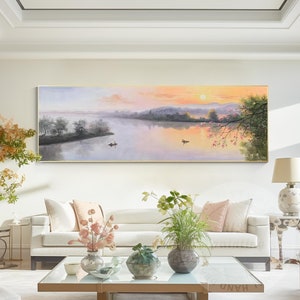 Original Forest River Sunrise Oil Painting: Long Narrow Oriental Wall Art