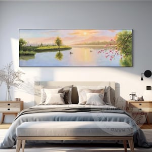 Original Forest River Sunrise Painting: Long Horizontal Canvas Wall Art