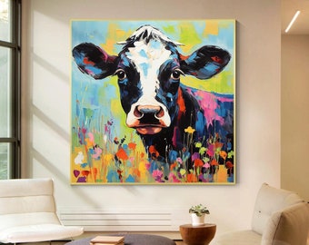 Textured Calf Painting Colorful Flowers, Original Oil Painting On Canvas, Extra Large Square Animal Wall Art Framed Farmhouse Cattle Pop Art