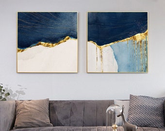 Printable wall art framed 2 pieces navy blue gold wall art print on canvas printed art wall abstract printing living room wall art decor