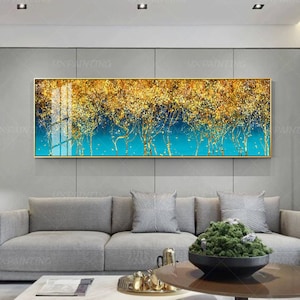 Teal wall art Gold art Large Abstract flower tree printable wall art print On Canvas ready to hang framed painting prints Yxpainting