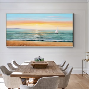 Seascape painting Sunrise original Beach Large painting Yxpainting Framed wall art Paintings On Canvas abstract cloudy blue sea wave artwork