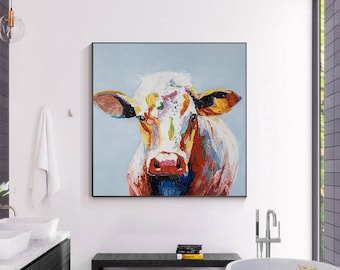 Colorful Cow Painting: Original Texture Wall Art on Canvas