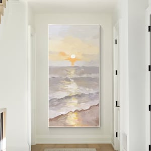 Seascape Sunrise Original Painting on Canvas, Beach Ocean Coastal Painting, Livingroom Horizontal Wall Art Decor