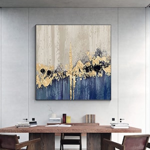 Blue Gold Foil Abstract Painting: Textured Square Canvas Wall Art