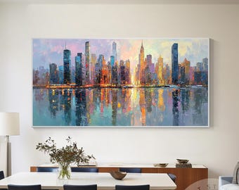 Horizontal Abstract NYC Cityscape Canvas – Huge New York Skyline Painting, Hand Painted Urban Landscape, Modern Wall Art for Living Room