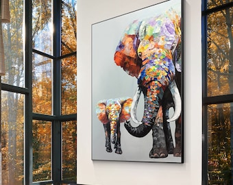 キャンバスに描かれた象の絵画（オリジナル絵画）、象の家族と象の