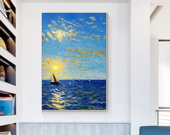 Blue Gold Sailboat Painting: Abstract Seascape Canvas Art, Framed Coastal Decor