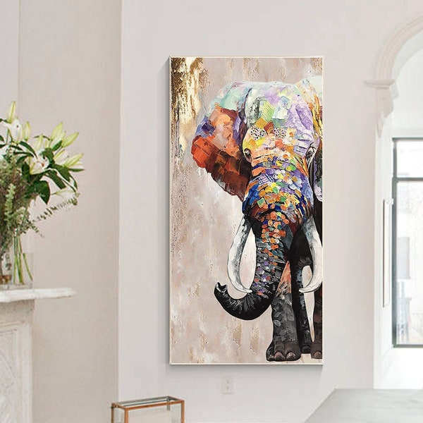 Elephant Original Painting Texture on Canvas, Wabi Sabi Framed Wall Art, POP Art Livingroom Bedroom Decor, Animal  Elephant Art Gift For Her
