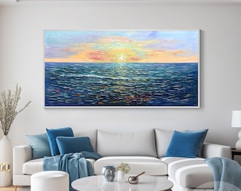 Handcrafted Sunrise Ocean Painting, Original Beach Oil Canvas Artwork, Large Framed Seascape, Luxury Coastal Home Decoration