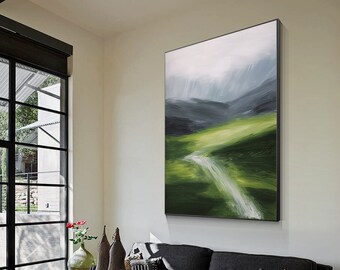 Green Textured mountain river wall art abstract painting on canvas green gray mountain landscape wall art minimalist wall art home decor