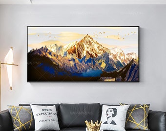 Extra large Printable wall art decor/Gold navy blue Abstract mountain bird/Print On Canvas/Modern watercolor framed landscape art painting