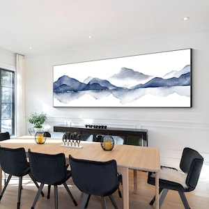 Berg Aquarell Malerei Auf Leinwand Original Lange Schmal Horizontale Wand Kunst Dekor, Nebel Berg Landschaft Kunst, Berg Wasser Skyline