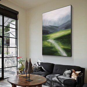 Green Textured mountain river wall art abstract painting on canvas green gray mountain landscape wall art minimalist wall art home decor