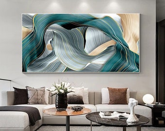 Teal gold turquoise framed wall art,original painting on canvas,Luxury Wall Art,Ribbon Art,extra large huge oversize living room wall decor