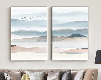 Arte de pared enmarcado, conjunto de 2 impresiones, impresiones en acuarela, arte de pared de montaña, conjunto de impresiones abstractas enmarcadas, lienzo, 2 piezas, imágenes de arte de pared, impresiones enmarcadas