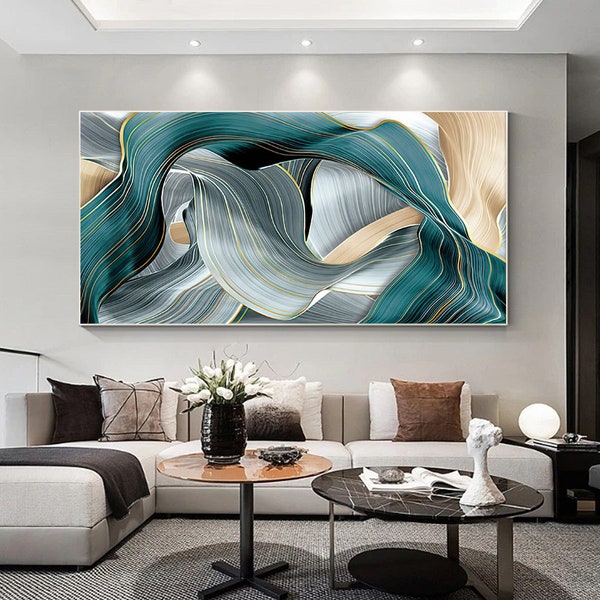 Teal gold turquoise framed wall art,original painting on canvas,Luxury Wall Art,Ribbon Art,extra large huge oversize living room wall decor