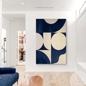 Navy Blue Beige Geometric Painting On Canvas, Minimalist Organic Shape Abstract Painting, Large Oversized Vertical Bold Blue Wall Art Decor