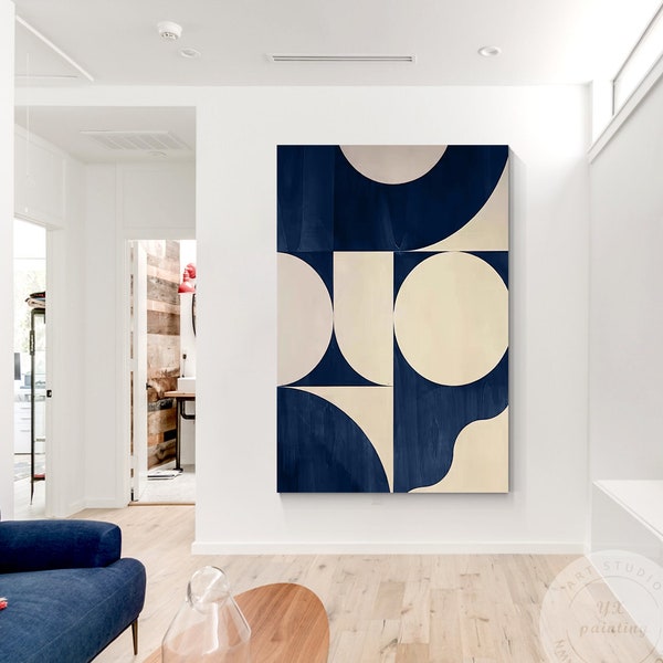 Peinture géométrique beige bleu marine sur toile, peinture minimaliste, art mural, peinture abstraite verticale, très grande déco murale surdimensionnée