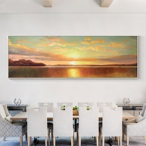 Sunrise Sunset Original Landscape Painting Long Narrow Horizontal Wall Art, Orange Painting on Canvas, Livingroom Extra Large Wall Art Decor