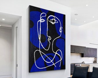 Dessin au trait Picasso une ligne original bleu minimaliste peinture sur toile, très grande taille art mural maison bleu minimaliste texturé Art déco