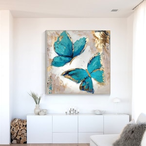 Dipinto originale di farfalla color oro e verde acqua, opera d&#39;arte da parete con cornice quadrata, decorazione di lusso per camera da letto e soggiorno, regalo con farfalla.