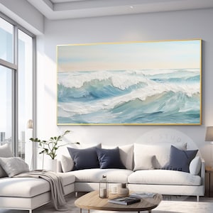 Original Textured Ocean Waves Painting: Framed Coastal Nature Art