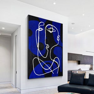 hand-painted Blue minimalist Picasso line painting on canvas. Extra-large wall decor, original one-line design