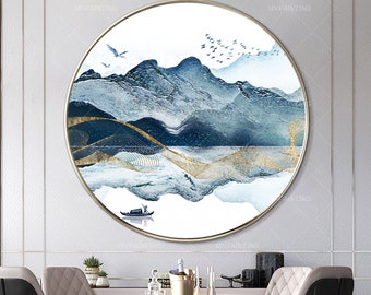 "Abstrakter Bergsee rund ""Keilrahmen"" Bild: Blaue Aquarell-Malerei (Digitaldruck)"