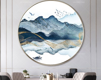 Printable Wall art Round Framed Prints Abstract Mountain Lake birds Boat Blue Watercolor Canvas Painting digital print Room Decor YXPAINTING