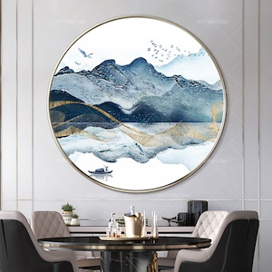 Printable Wall art Round Framed Prints Abstract Mountain Lake birds Boat Blue Watercolor Canvas Painting digital print Room Decor YXPAINTING