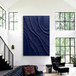 Navy Blue Art Thick 3D Texture Original Painting on Canvas Extra Large Huge Vertical Wall Art Frame Livingroom Bedroom Minimalist Home Decor