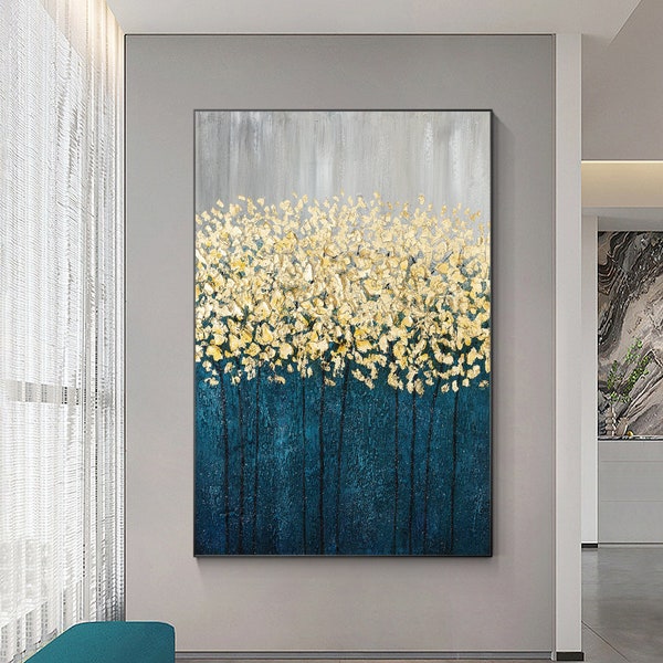 Gold Leaf Navy Abstract Flowers Painting On Canvas, Luxury Gold Abstract Wall Art Decor, Livingroom Oversize Extra Large Blue Gold Wall Art