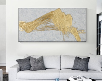 Cuadro abstracto texturizado dorado: Obra de arte original en lienzo enmarcada para pared.