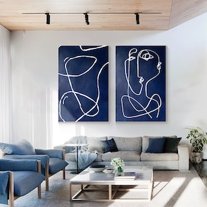Disegno astratto blu navy e bianco, dipinto di Picasso, 2 pezzi su tela, set di 2 pezzi, decorazione da parete astratta blu reale per la casa