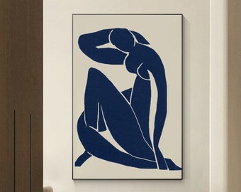 Navy Blue Figure Abstract Canvas Painting: Minimalist Wall Art