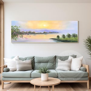 Original Sunrise Oil Painting: Long Narrow Forest River, Mountain Lake Oriental Art