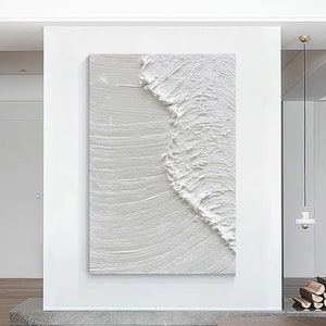 White Ocean Waves Painting 3D Thick Texture Minimalist Wall Art, Abstract Seascape Coastal Wall Decor, Oversize Extra Large Wall Art Decor