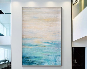 Textured Abstract Painting: Light Blue Beige Modern Wall Art