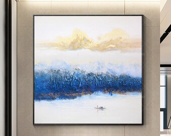 Large Abstract Mountain Painting: Blue & Gold Framed Canvas Wall Art