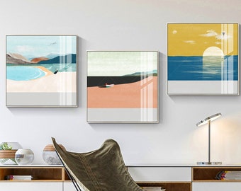 Framed Wall Art Set of 3 Prints Coral Pink Sea navy Blue Landscape Print Sunrise Beach Painting 3 piece Printable wall art Abstract Mountain