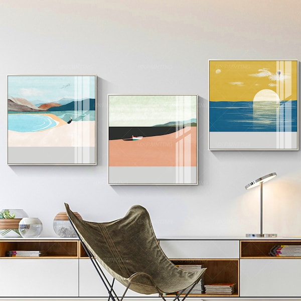 Framed Wall Art Set of 3 Prints Coral Pink Sea navy Blue Landscape Print Sunrise Beach Painting 3 piece Printable wall art Abstract Mountain