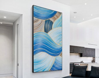 Blue Gold Abstract Ribbon Painting: Oversize Luxury Wall Art