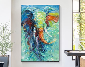 Textured Elephant Painting On Canvas: Colorful Framed Wall Art