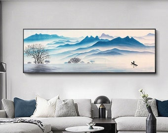 Blue Watercolor Mountain Painting: Abstract Landscape Canvas Art