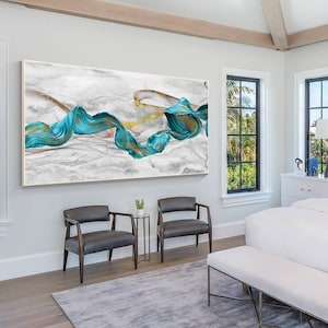 Teal Green Gold Marble Framed painting canvas, Original modern abstract ribbon, huge oversize large wall art livingroom decor