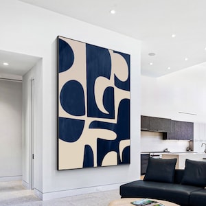 Navy Blue Beige Geometric Painting On Canvas, Minimalist Painting Wall Art Vertical Abstract Painting, Extra Large Oversized Wall Art Decor